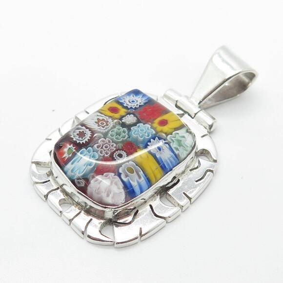 950 Silver Vintage Multi-Color Glass Floral Pendant - Picture 5 of 8